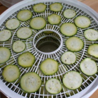 Raw zucchini slices on dehydrator trays...